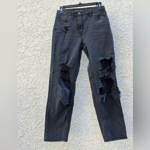 Very ripped black fitted straight leg boyfriend jeans